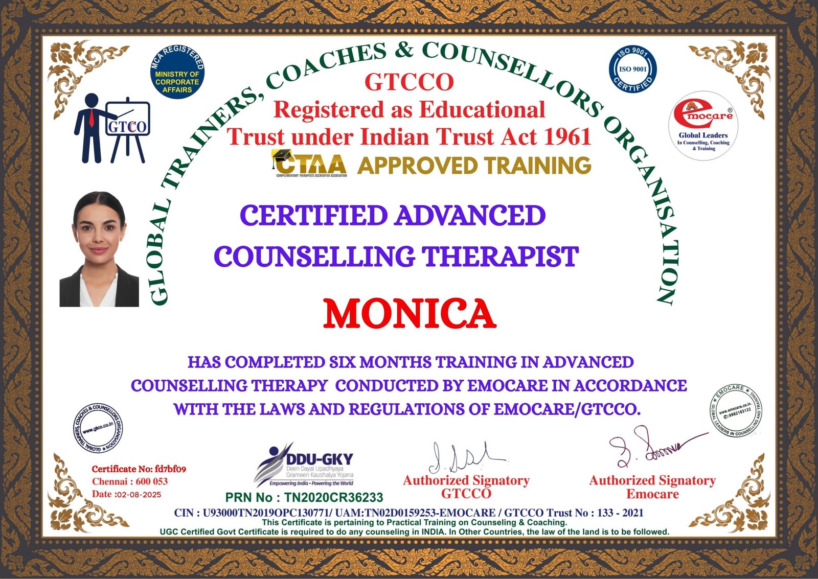 Model Certificate for Allied Health Professional