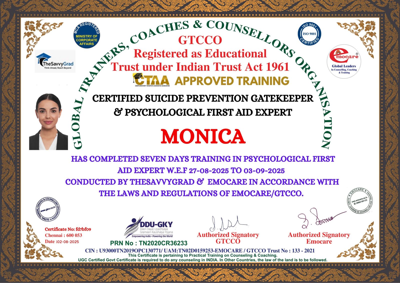 Model Certificate for Suicide Prevention