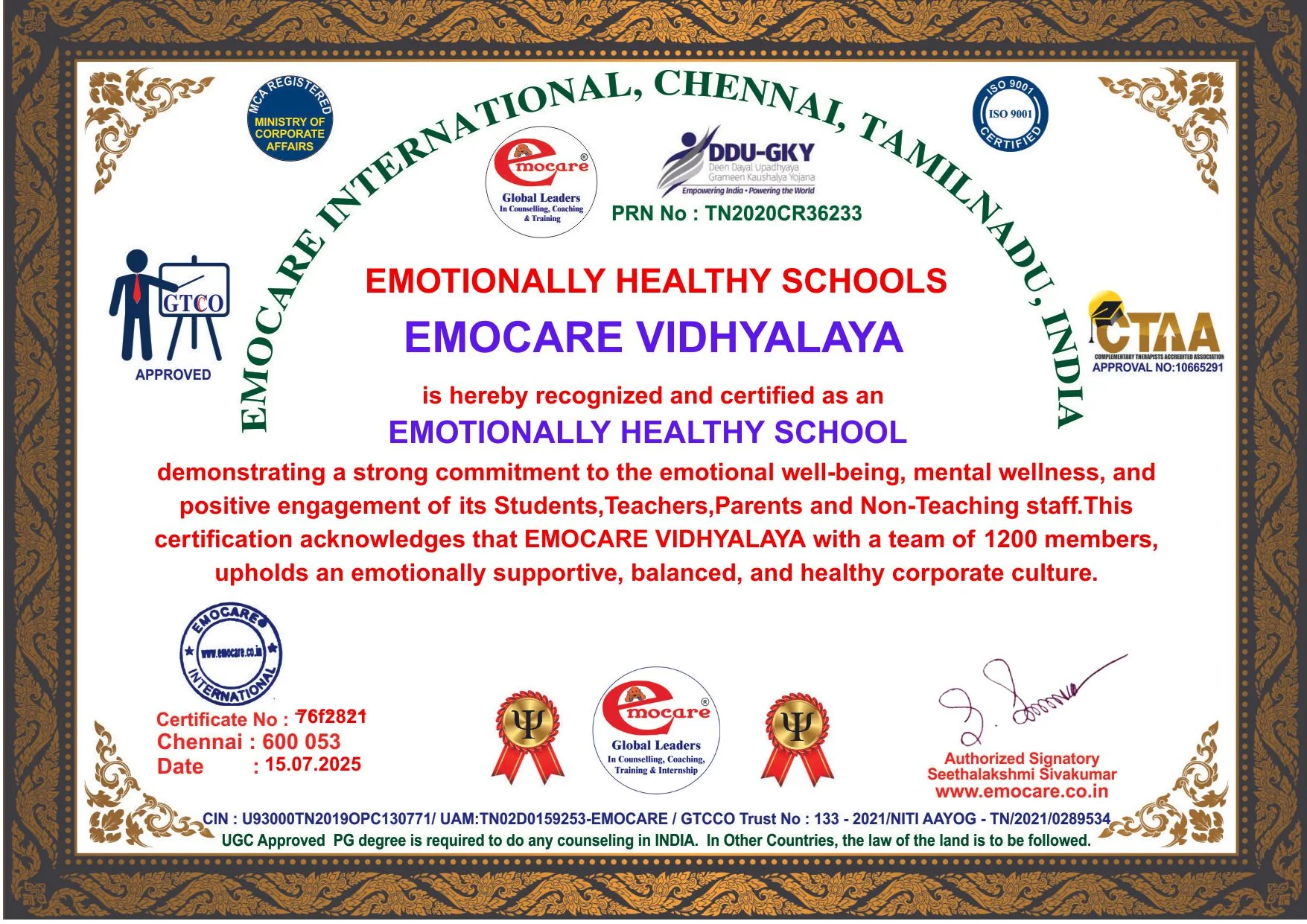 India's first certification on emotional health — full certificate visible