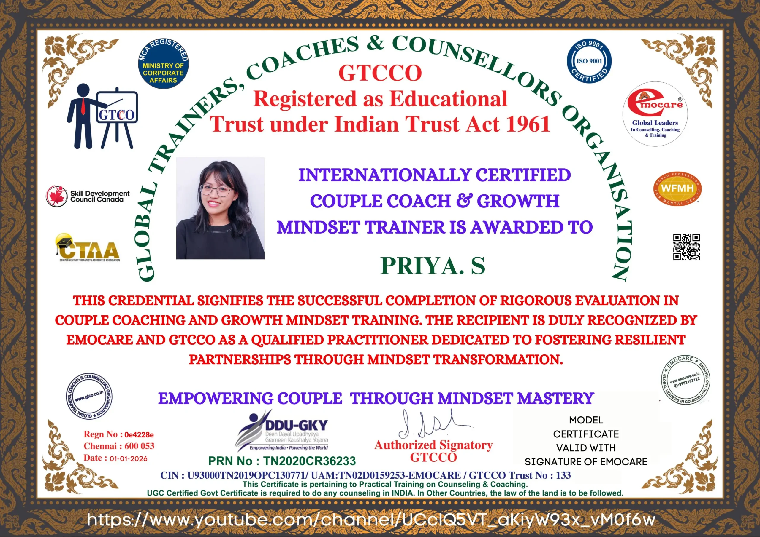 International Certified Couple Coach & Growth Mindset Trainer - Emocare model certificate