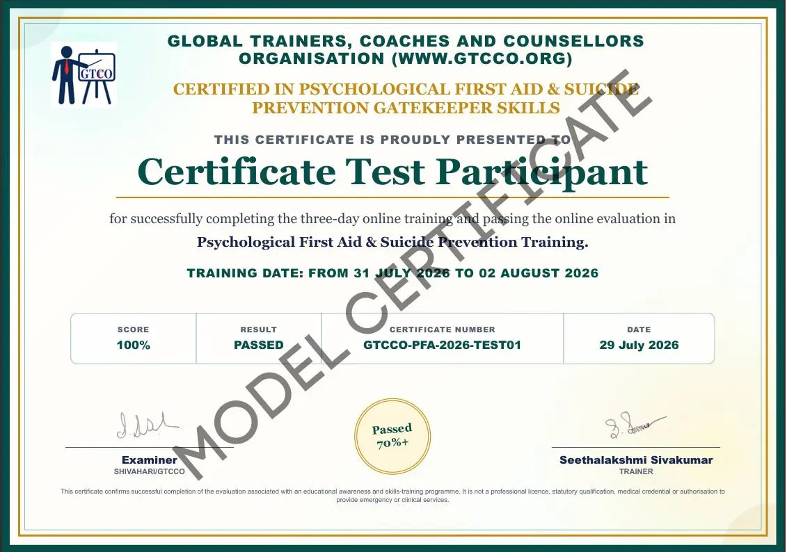 Model certificate for Psychological First Aid and Suicide Prevention Gatekeeper training by Emocare