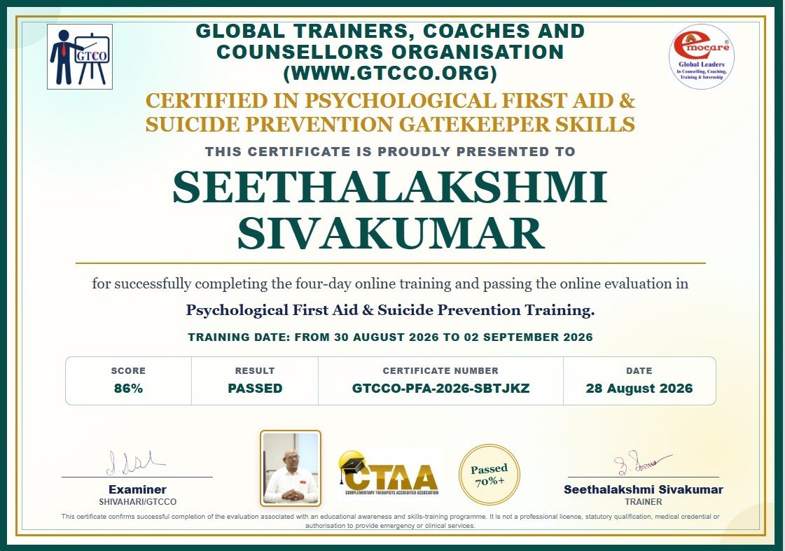 Emocare model certificate for Psychological First Aid and Suicide Prevention training